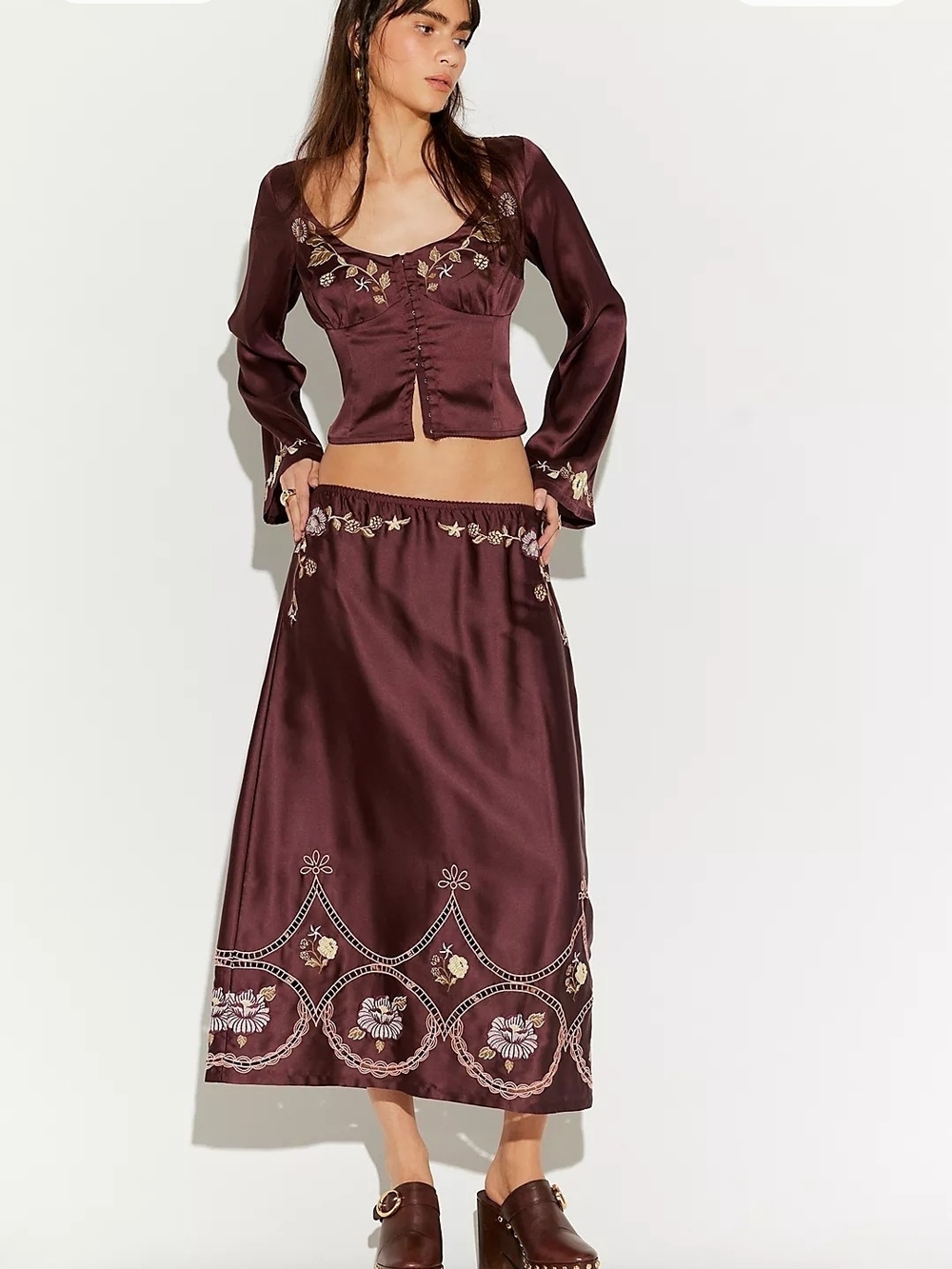 NWT Free People Portia Embroidered Satin Top Skirt Set Chocolate Grape Combo M